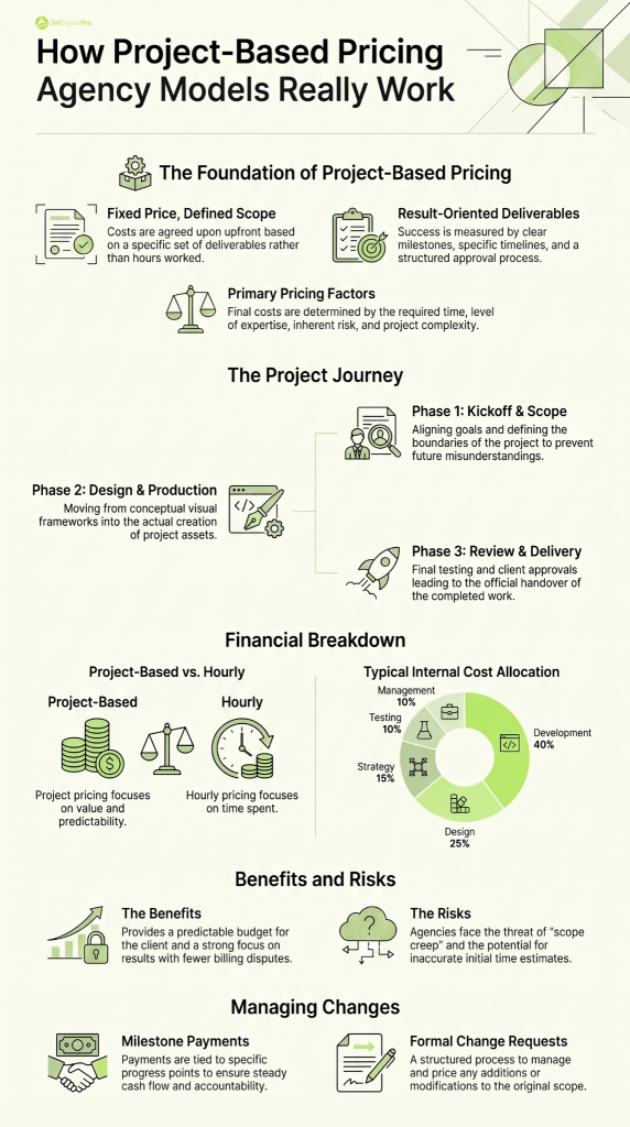 An informative chart by a project-based pricing agency detailing the foundation, journey, and financials of the model. 