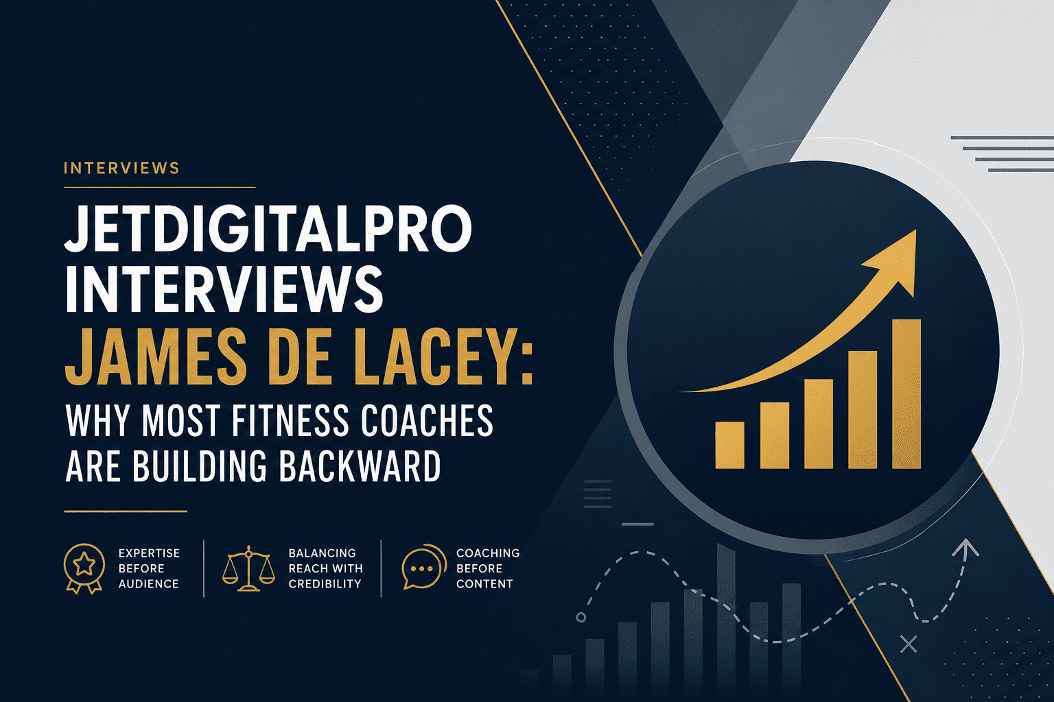 Design on why most fitness coaches are building backward, showing a growth chart with an upward arrow icon. 