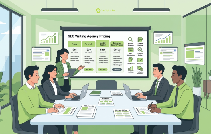 A team reviewing typical costs SEO writing agency rates and strategy models during an office meeting.