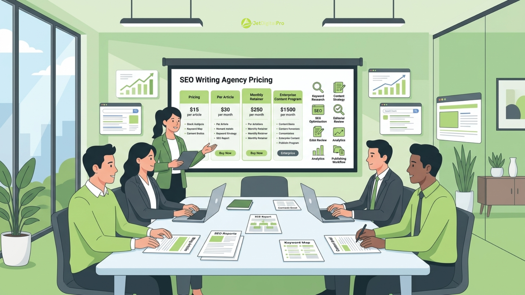 A team reviewing typical costs SEO writing agency rates and strategy models during an office meeting.