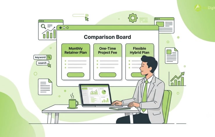 Man comparing retainer, one-time, and hybrid options on a board of SEO content agency pricing models