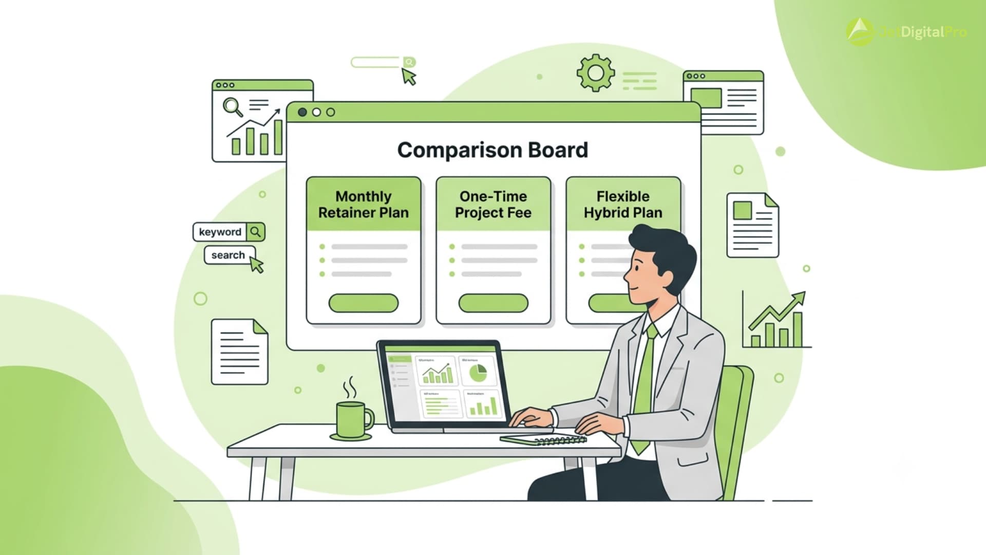 Man comparing retainer, one-time, and hybrid options on a board of SEO content agency pricing models