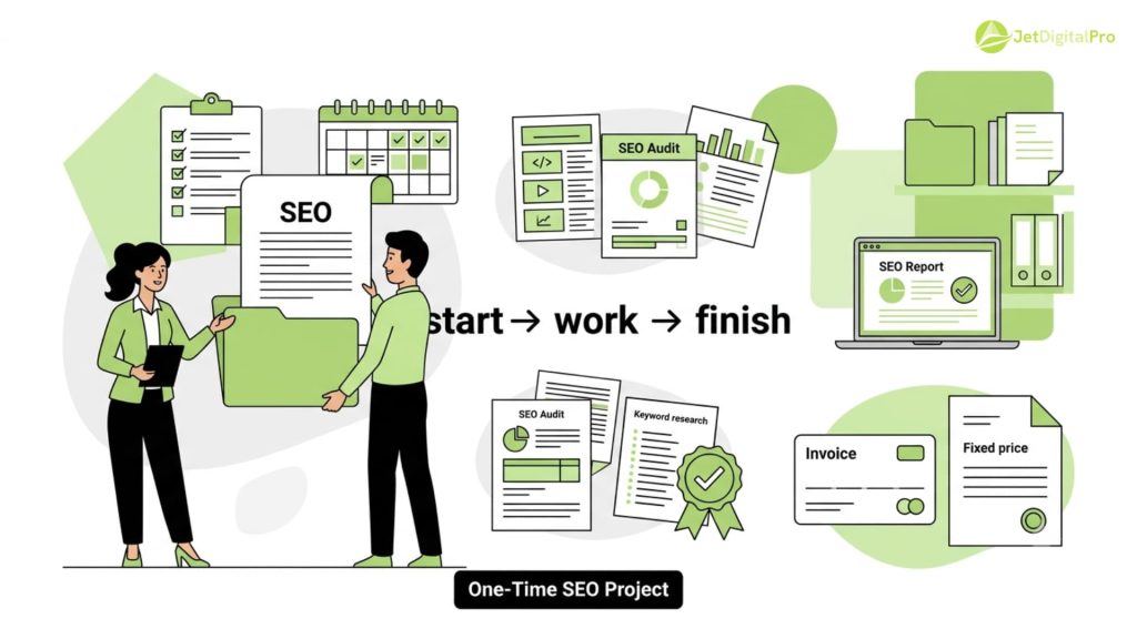 Team reviewing a one-time SEO project, reflecting project-based SEO content agency pricing models