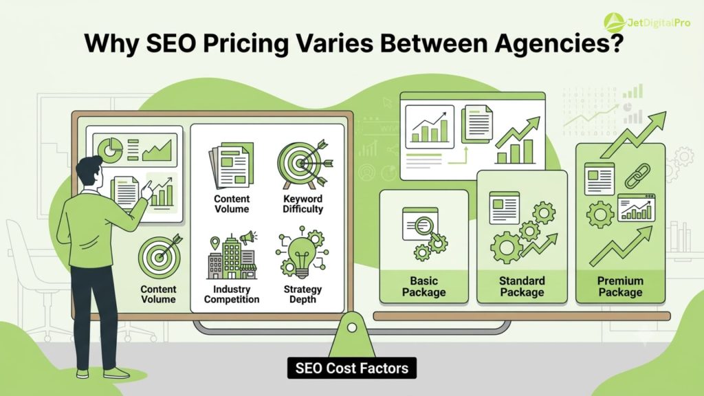 Illustration of factors like content volume and competition that shape SEO content agency pricing models